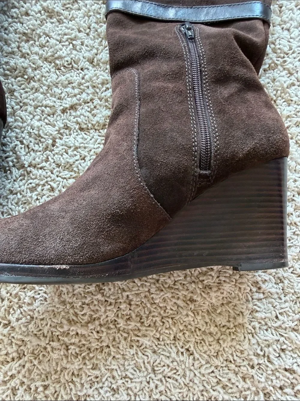ANTONIO MELANI Brown Suede Wedge Knee Boots with Strap Accents